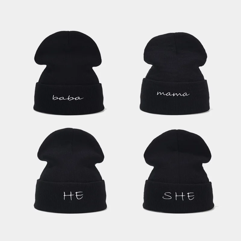 

Autumn Winter New Mother Father Couple Knitted Cap Letters Embroidery Woolen Cap Fashion Retro Cold Cap Free Shipping