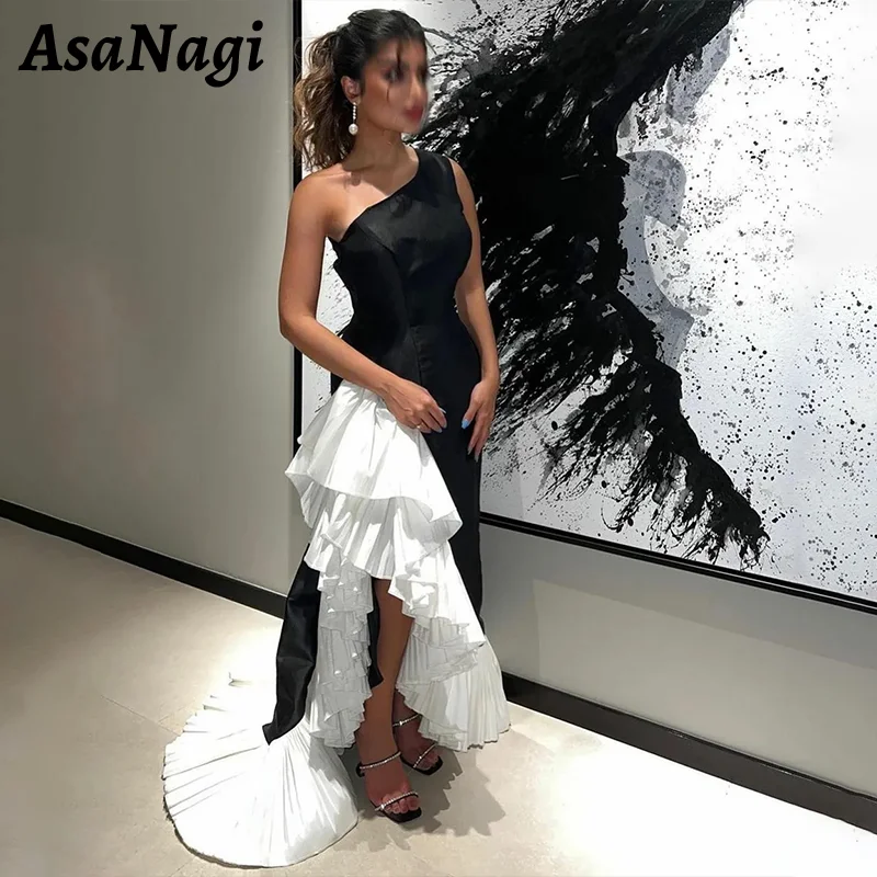 

AsaNagi Sexy Black White Satin Prom Dress Women's One Shoulder Ruffle Asymmetrical Party Evening Gown Special Occasion Dresses