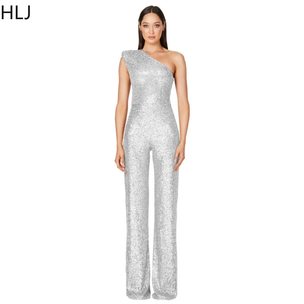 HLJ Elegant Lady Sequin One Shoulder Straight Jumpsuits Women Sleeveless Slim Party Club Playsuits Spring New One Piece Overalls