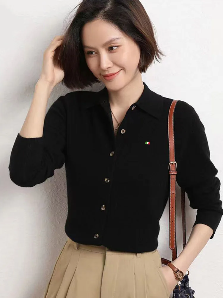 

Женский шерстяной свитер в Корейском стиле, весенний кардиган, новинка, однотонная вязаная рубашка, модный свитер с длинным рукавом и воротником-поло