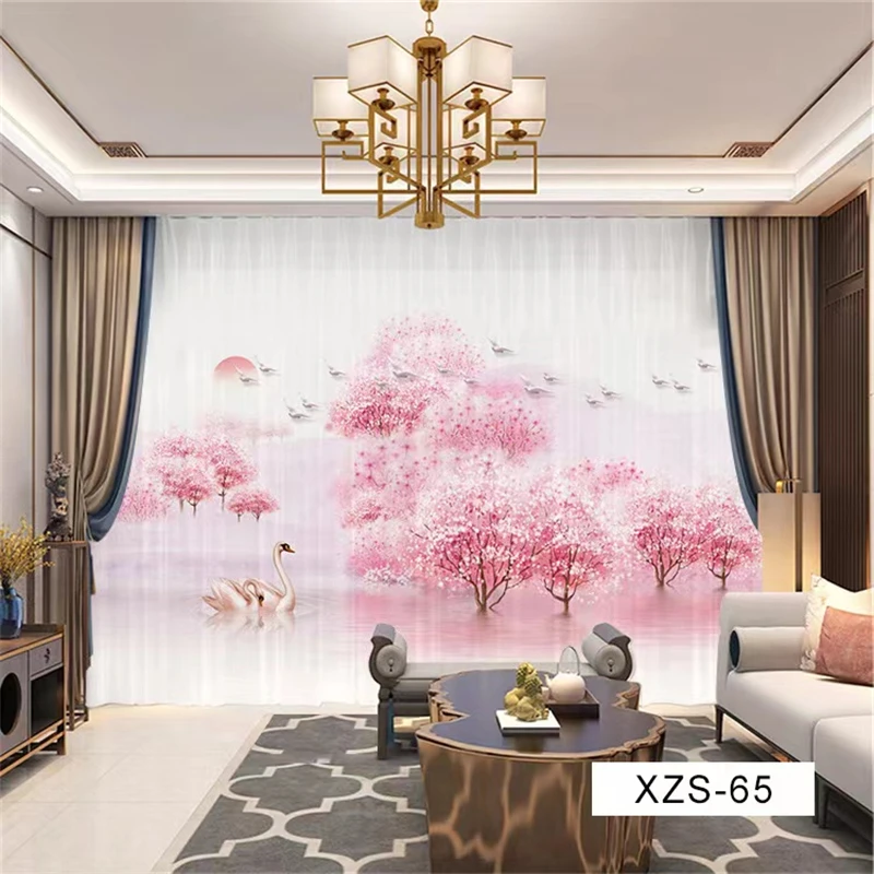 

Заказная шифоновая прозрачная занавеска для спальни, гостиной, горного дерева, крана, восхода солнца, пейзажа, розового цвета