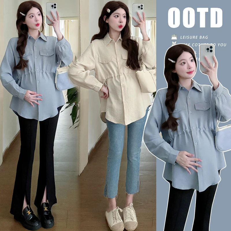 Spring Plus Size Maternity Blouses Long Sleeve Turn-down Collar Pregnant Women's Shirts Drawstring Waist Plus Size Clothes