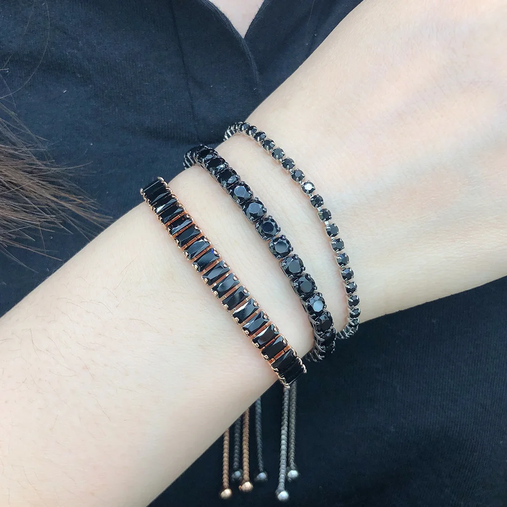 Schwarz Kristall Tennis Armband für Frauen Steampunk Einstellbare Silber Farbe Kette auf Die Hand Freunde Geschenk Hippie Schmuck DZH051 – Detail 3