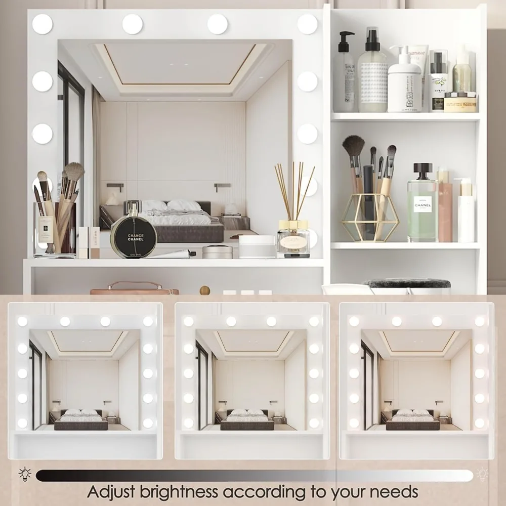 Vanity Desk with Mirror & Light, Large Drawer & Three Level Storage Dresser, 3 Lighting Modes Adjustable Brightness