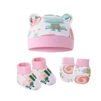 New Newborn Baby Cotton Beanies Hospital Hat Mittens Shoes Sets Solid Candy Color Stretchy Infant Warm Cap Gloves 0-1 Years Old 3