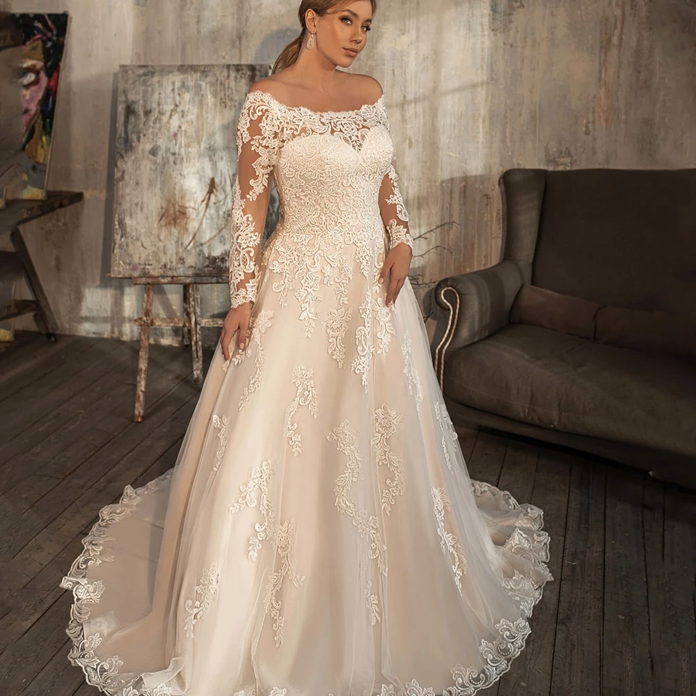 

Elegant Plus Size Wedding Dress Off the Shoulder Long Sleeves Floor Length Appliques Formal Occasion Married Bridal Dresses