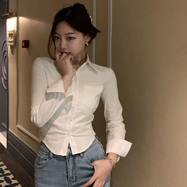 Korean White Office Women Chiffon Shirt Pocket Button Lapel Ladies Blouse Spring Commuter Long Sleeve New Female Crop Tops 1