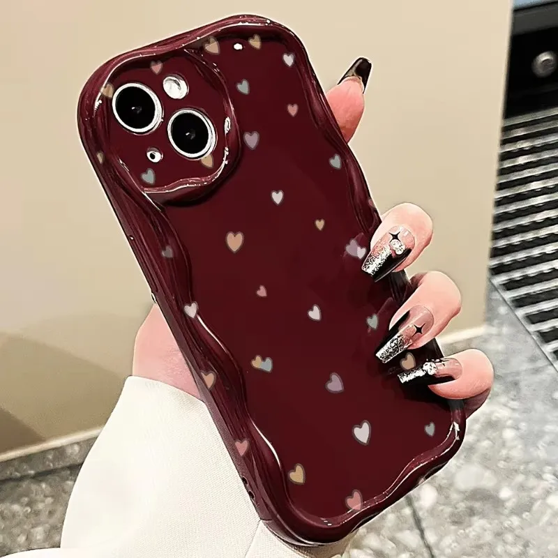Burgundy Wine Red Heart Pattern 3D Wavy Edge Soft Phone Case Cover