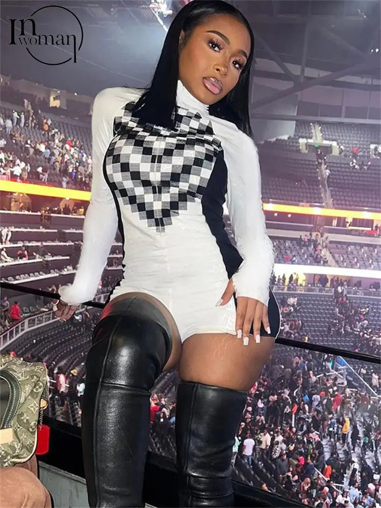 

Inwoman Spring Plaid Print Bodycon Romper Jumpsuit Club Outfit For Women 2023 White Long Sleeve Turtleneck One Pieces Romper