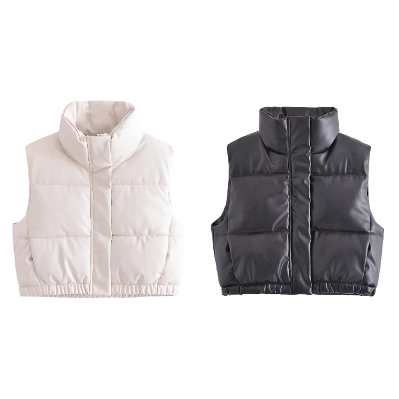

Women's Stand Collar Crop Puffer Vest Lightweight Sleeveless Winter Warm Vest