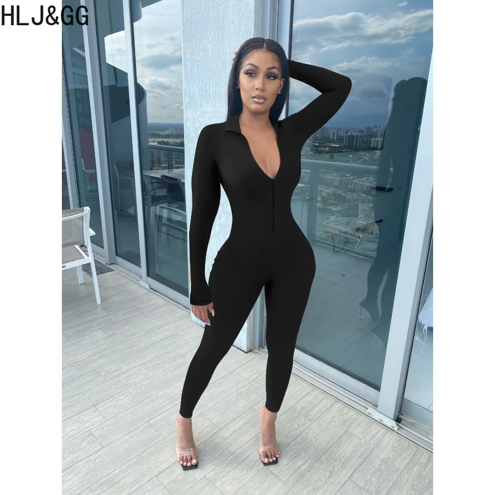 HLJ&GG Autumn Sexy Deep V Bodycon Jumpsuits Women Long Sleeve Slim Sporty Playsuits Casual Female Solid Sporty Matching Overalls