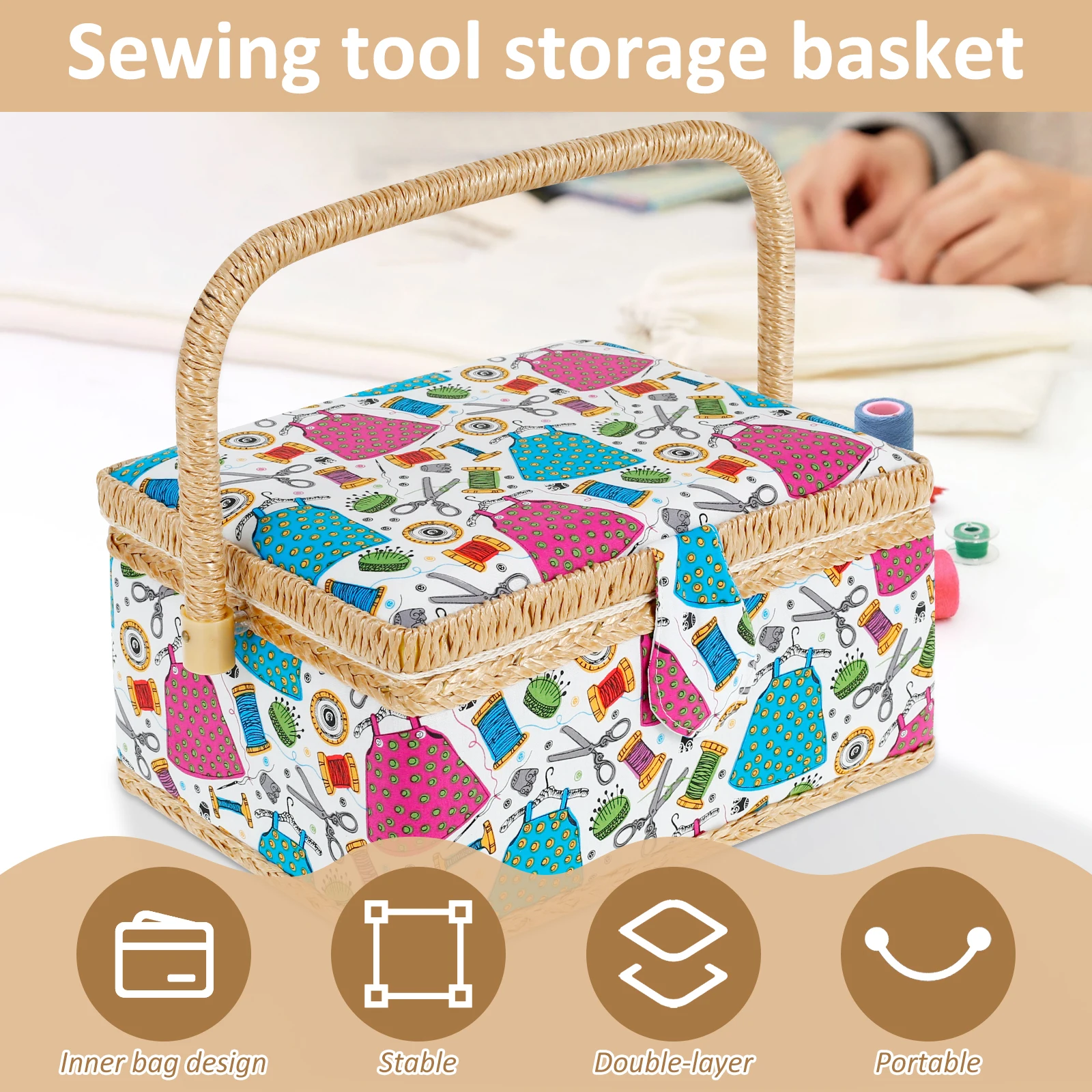 Sewing Basket with Removable Tray Practical Sewing Basket Organizer with Interior Pocket Portable Storage Box Stylish