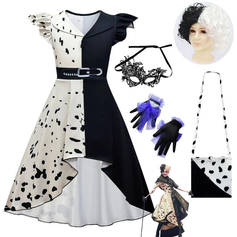 Fantasy Halloween Children Cruella Dresses Kids Clothes Girls Cosplay Costume Black White Dress With Mask Wig For Carnival Party