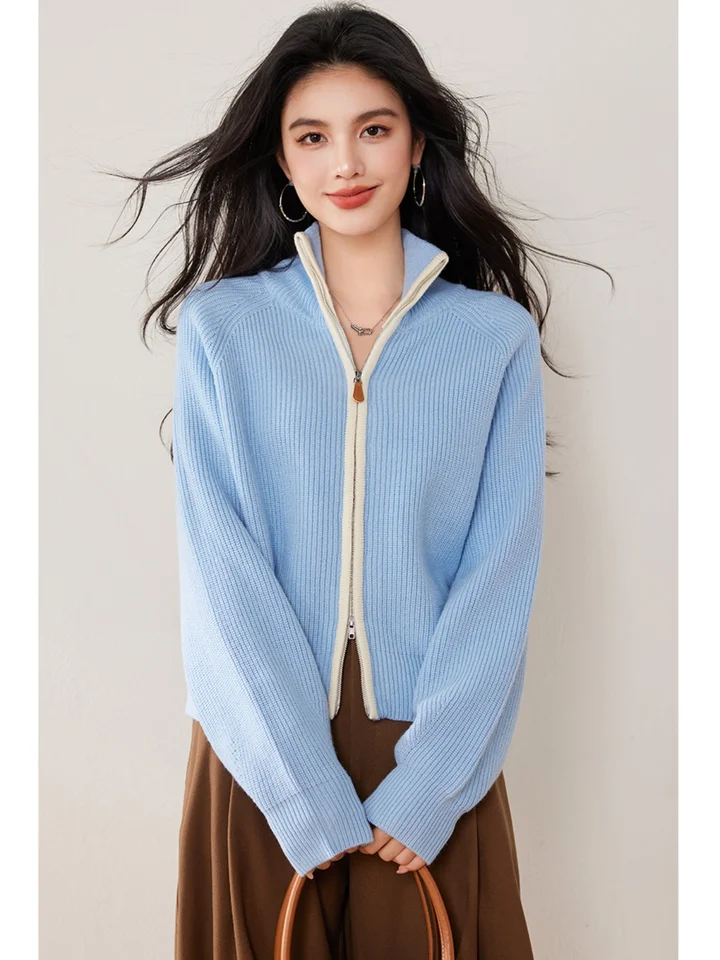 여성용 가디건 상의 니트 루즈핏 카라 가을겨울 파란색 빈티지 여유로운 부드러운 가디건 상의 니트 상의 가디건