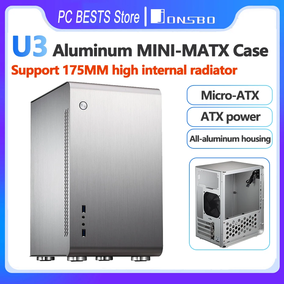 

JONSBO U3 MINI-MATX Case Silver MATX Motherboard All-aluminum Chassis ATX Power 175MM High Radiator Black Office Host Case