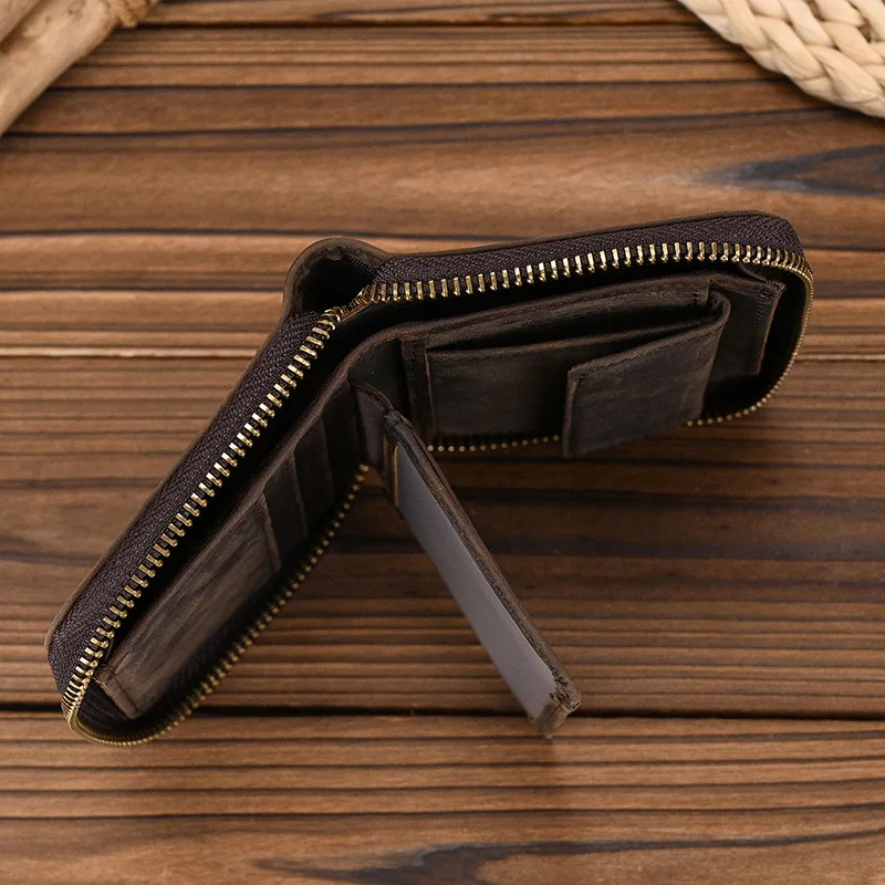 Vintage Short Leather Wallet with Zipper and Coin Pocket for Men