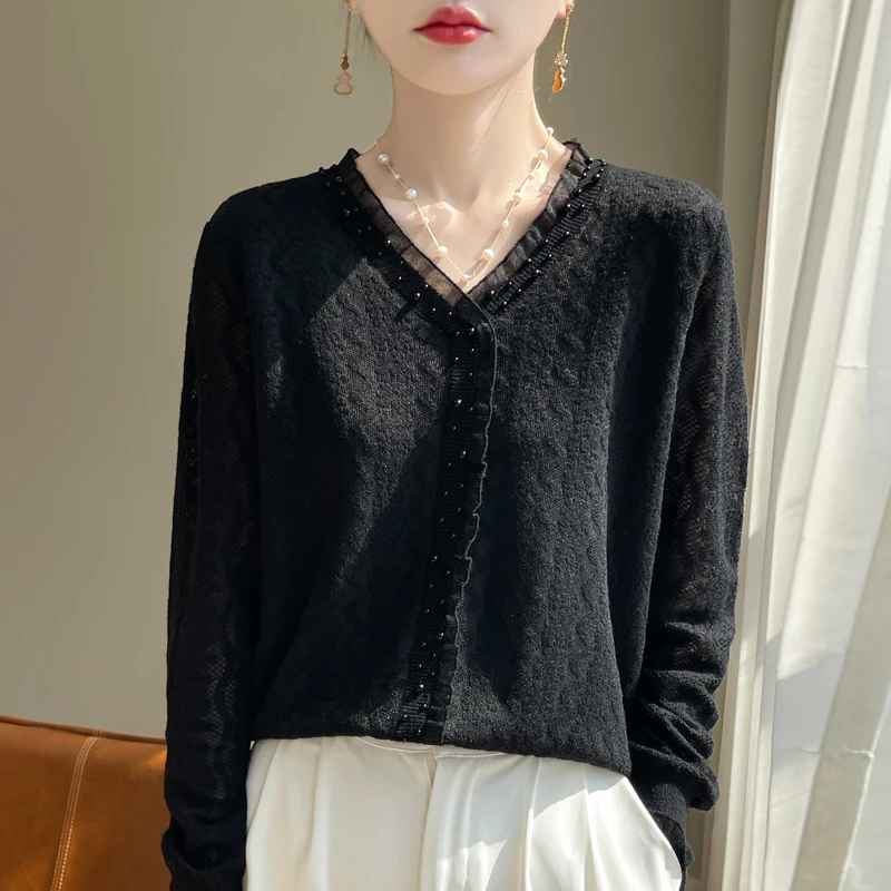 2024 Women's Sweater Hoodie Knitted Cashmere Sweater Autumn/Winter Women's Lace Sweater Basic Solid Color Cashmere Top 2