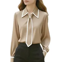 Women's Blouse Fashion Shirt Formal Bow Tie Long-sleeve Contrasting Trim Tops Slim-fit Workwear Elegant Office Lady Shirts Women - Image 5