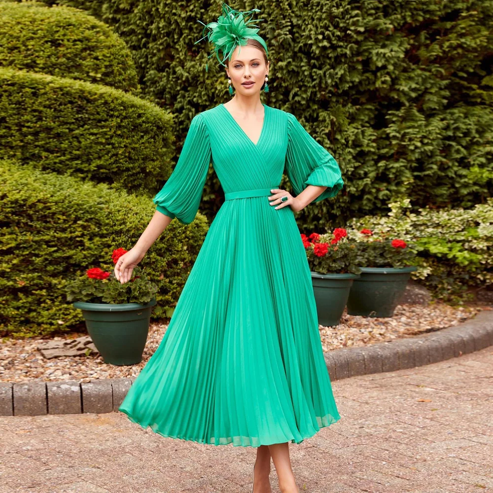 

Elegant Green Short Women Evening Party Dresses V Neck 3/4 Sleeves Tea-Length Chiffon Prom Celebrity Gowns Robe De Soiree