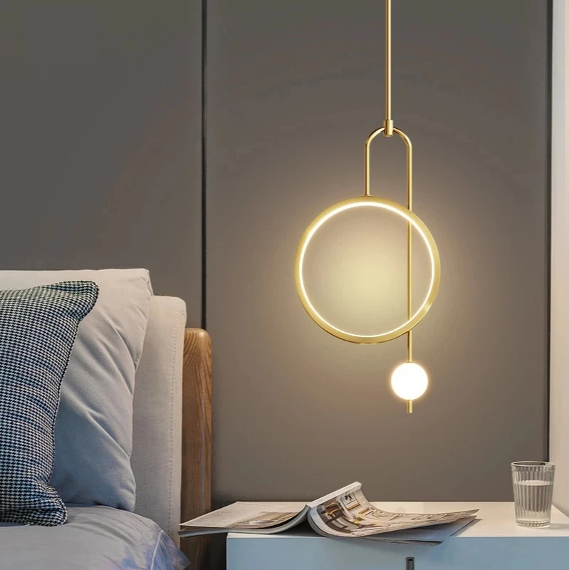 Pendant Lamp Gold Ring Light Modern Ball Led Hanging Bedroom Bedside Minimalist Nordic Luxury Living Room Background Lighting