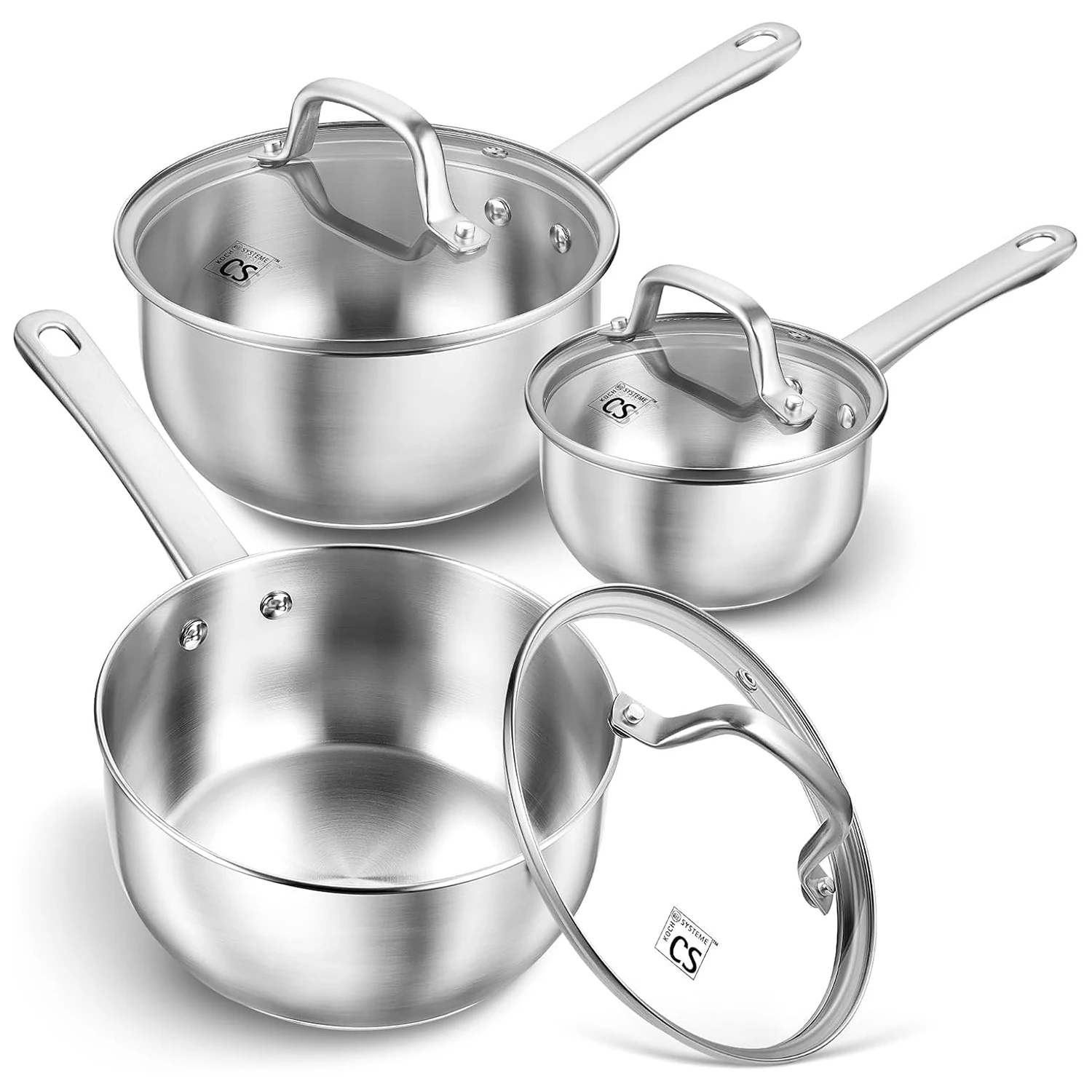 KOCH SYSTEME CS Stainless Steel Sauce Pan Set Multifunctional Cooking Pot with Lid 1QT & 2QT & 3QT with Heat-resistant Handle KOCH SYSTEME CS Stainless Steel Sauce Pan Set Multifunctional Cooking Pot with Lid 1QT & 2QT & 3QT with Heat-resistant Handle