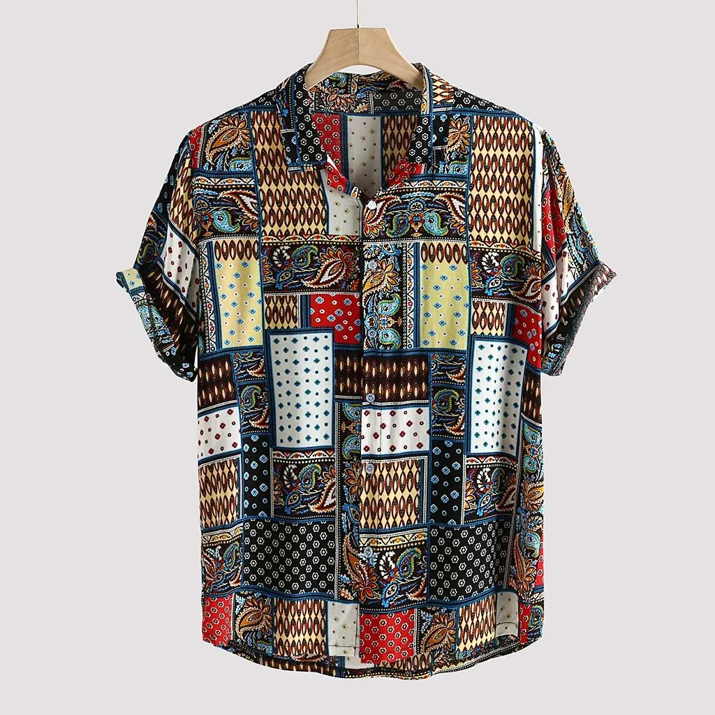 

Fashion Ethnic Style Tops Mens Floral Printing Shirts Linen Party Show Short Sleeved Blouse Beach Holiday Top Men Clothes 2023
