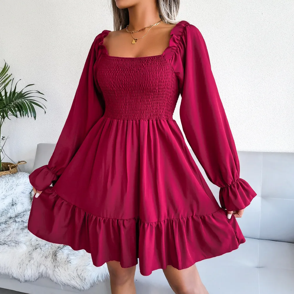 Women Solid Color Flared Long Sleeve Ruffled Dress