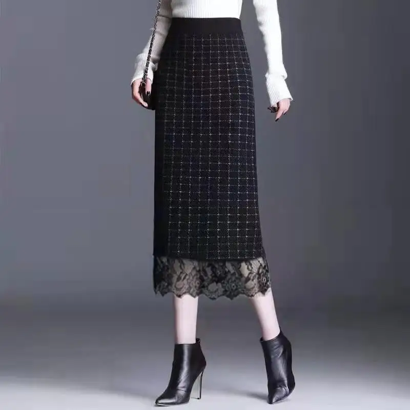 Autumn Winter New High Waist Lace Patchwork Skirts Plaid Split Hem Slim All-match A-line Skirt Vintage Elegant Women Clothing