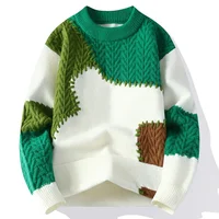Loose Men's Knitted Sweater Patchwork Twist Color Block Warm Outerwear Casual Winter Crew Neck Top Quality Knitwear