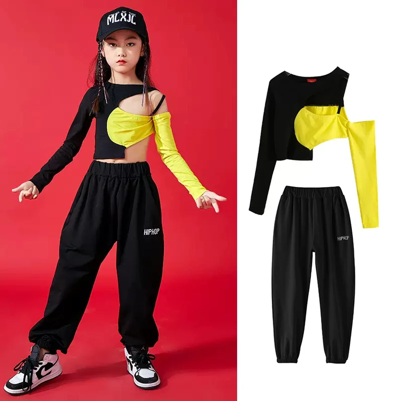 

Jazz Dance Clothes Girls Kpop Outfit Off-Shoulder Tops Cargo Pants Street Dance Performance Wear Kids Hip Hop Dancewear DL8479