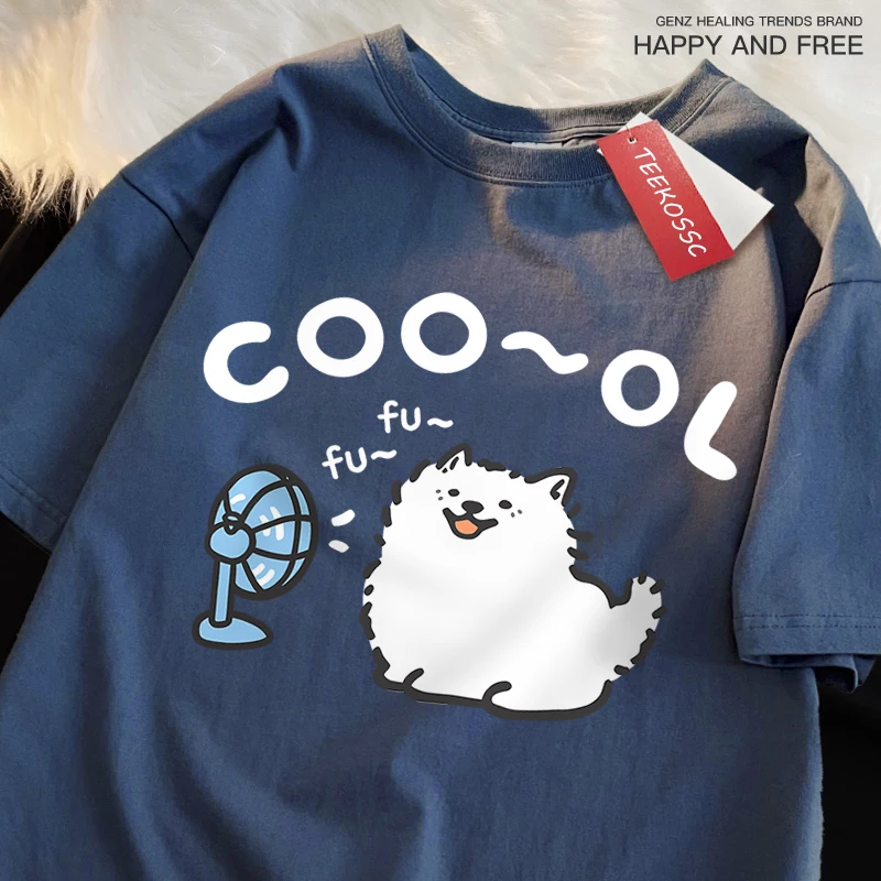 Samoyeo Blowing Fans Japanese Style Clothes Men Women Cotton Breathable Tee Clothes Oversized Casual Loose T-Shirts Short Sleeve