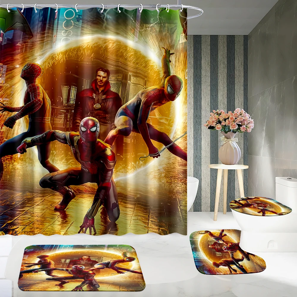 

1/4 шт. 70*70 дюймов водонепроницаемая душевая занавеска Человек-паук С нескользящими ковриками, крышка для унитаза, коврик для ванной, 12 крючков