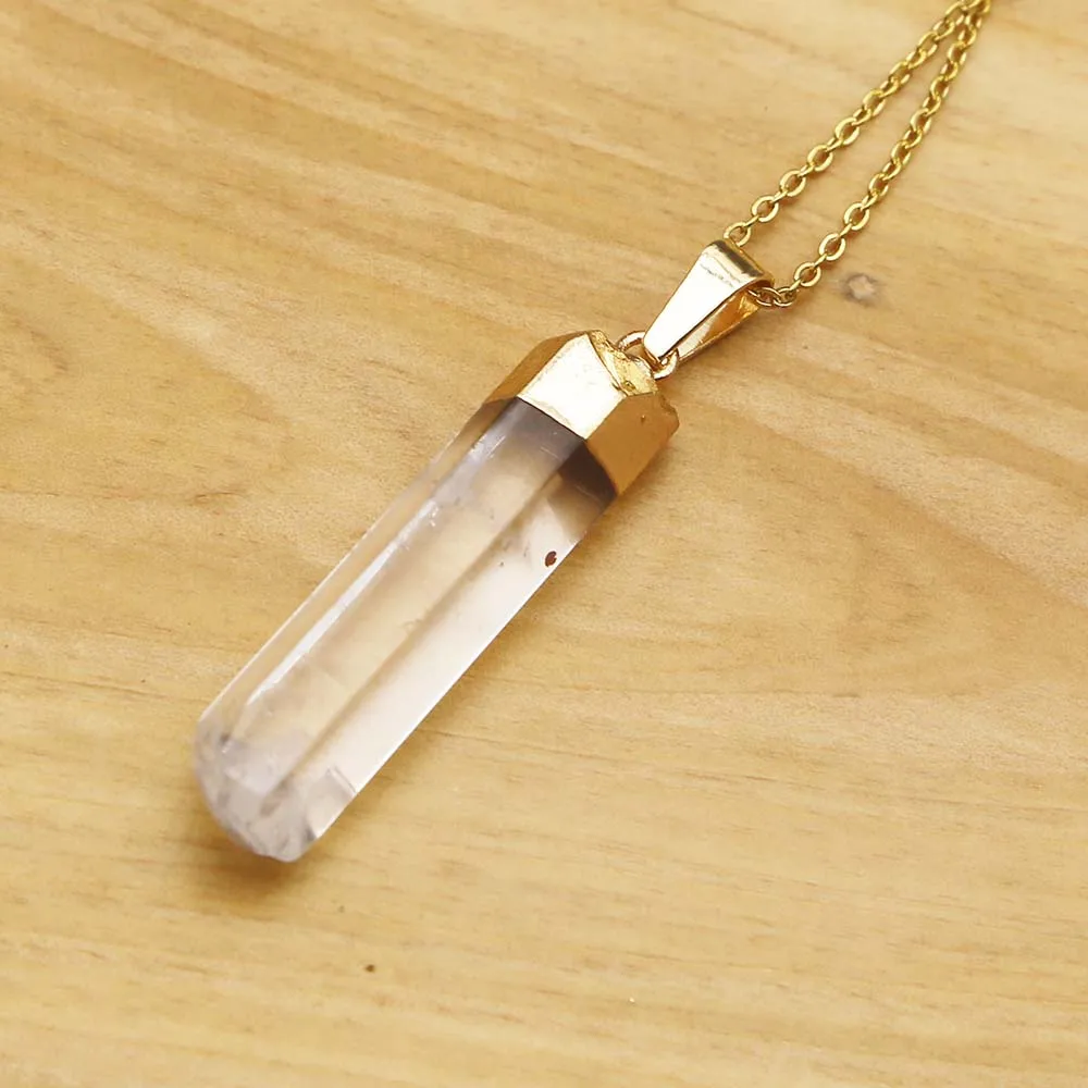 Natural Stone White Crystal Post Plated Gold Pendant Necklace Stainless Steel Chain Charm DIY Jewelry Accessories Wholesale 6Pcs