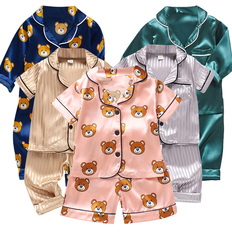 home Wear Long Sleeve Baby suit Kids Clothes Toddler Boys Girls Ice silk satin Cartoon little bear Tops Pants Set for Children\'s