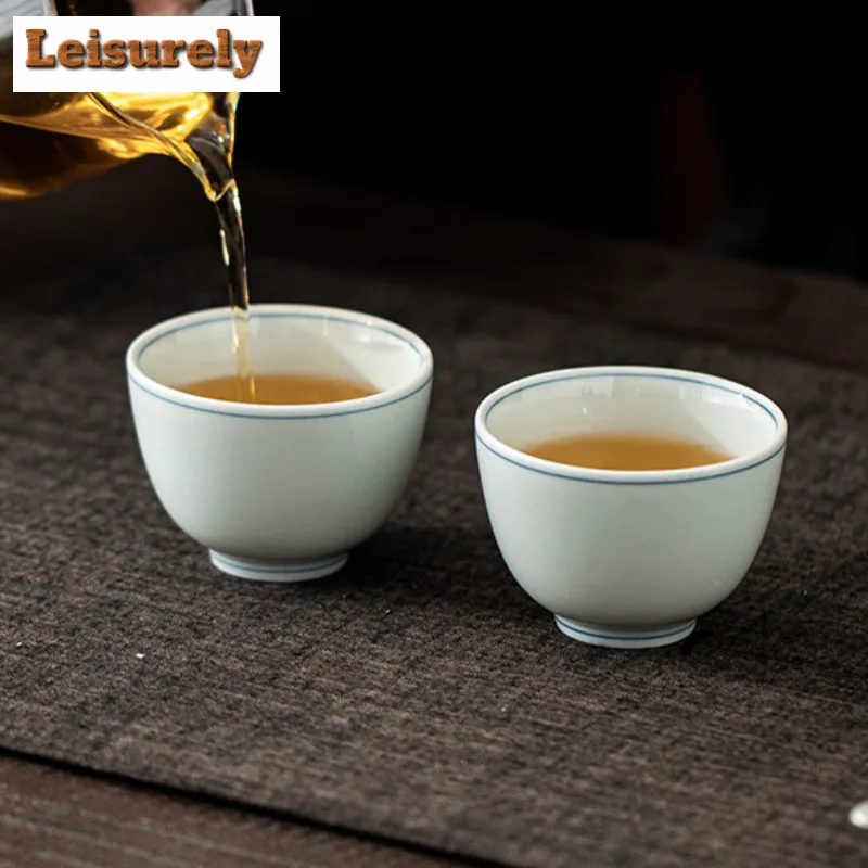 100ml Green Glaze Hand-painted Double Line Open Mouth Teacup Retro Tea Bowl Mug Tea-tasting Meditation Cup Jianzhan Master Cups