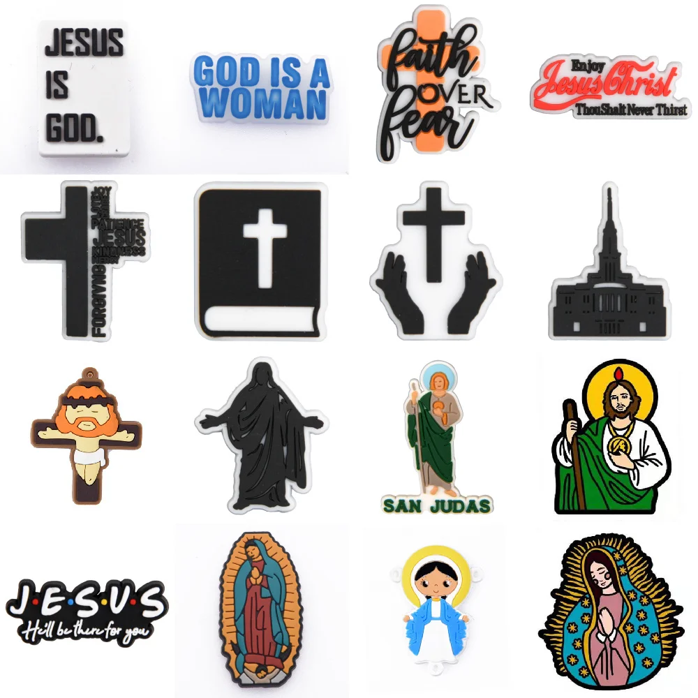 

1pcs Jesus God Goddess Shoe Charms Black Cross Bible Shoes Decorations Castle Heart Saints For Adult Men Women