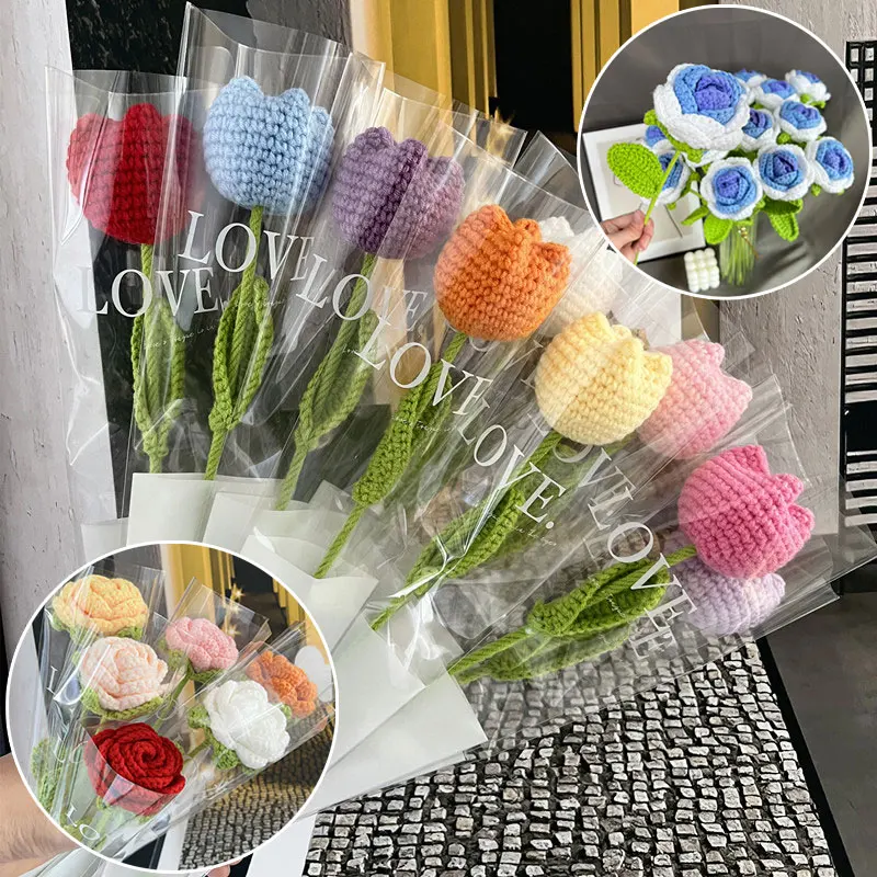 1PC Knitted Finished handmade DIY roses Daisy Fake Flowers Bouquet Wedding Party Decoration Hand Knitting Crochet Woven Bouquet