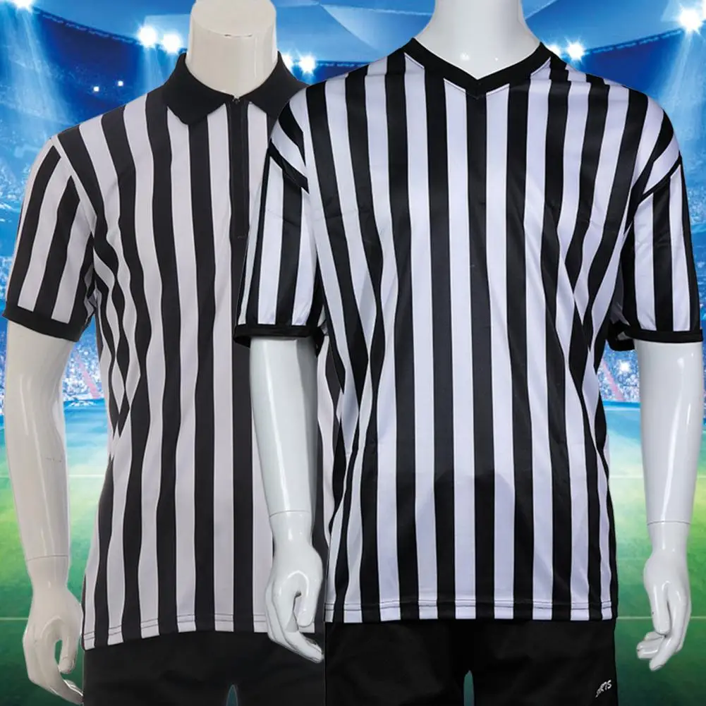 Striped Referee Uniform Short Sleeve V-neck Referee Wearing Men Football Basketball Court Shirt Sporting Goods Collared T-shirt