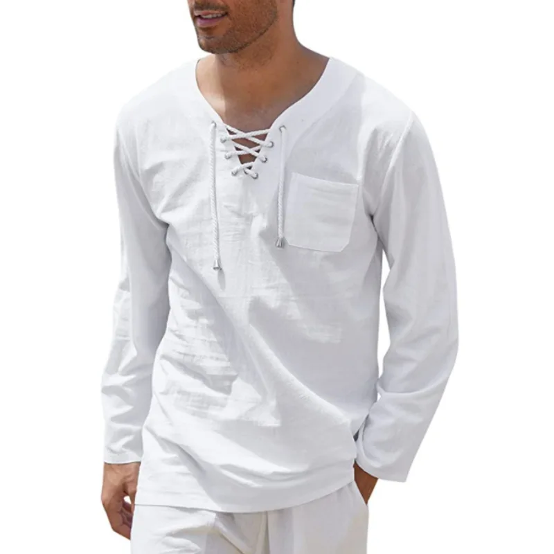 New Men Hot Sale Cotton Linen Fashion Casual Lace Up V Neck Long Sleeve Shirt