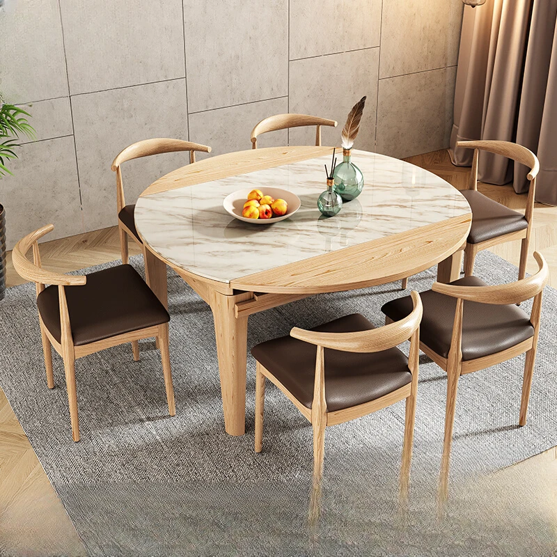 

Modern simple marble telescopic round dining table solid wood dining table and chair combination Nordic small round household