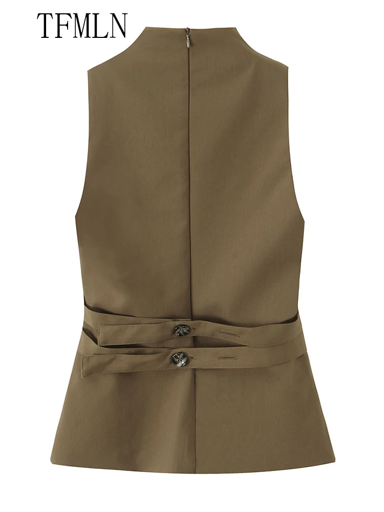 New 2025 Sleeveless Tank Tops For Women Fashion Causal Front Double Breasted Chic Tops Vintage Back Zipper Slim Street Lady Tops