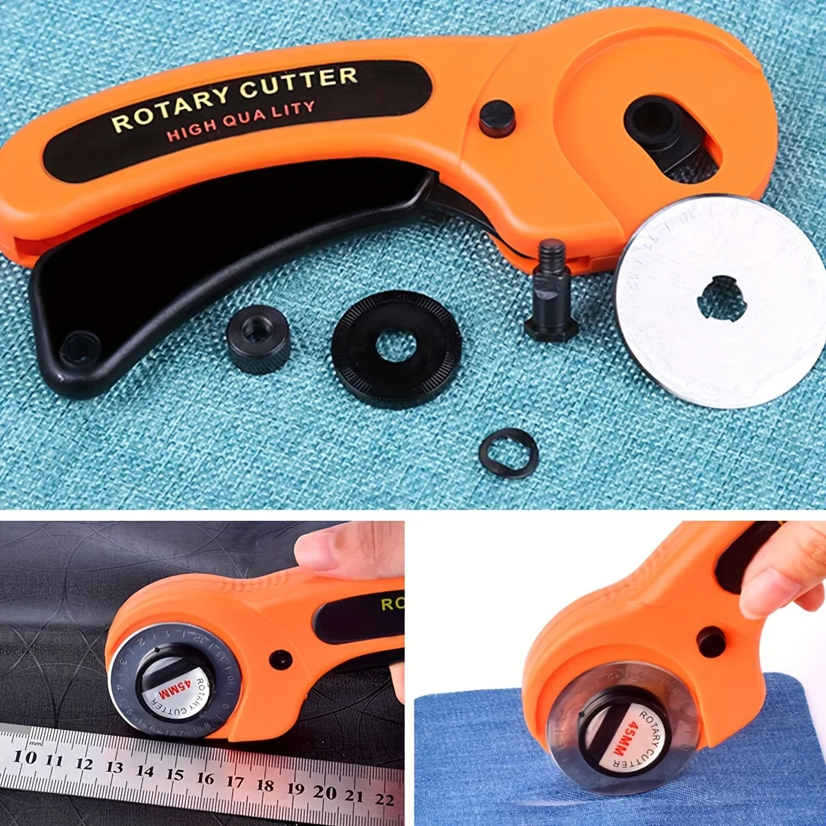 Rotary Cutter Set 45mm Fabric Cutter Replacement Blades Ergonomic Rotary Fabric & Squeeze Trigger Quilting Sewing Crafts