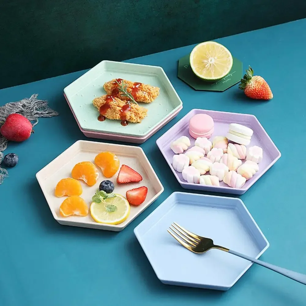 Fruit Plate Hexagon Party Dessert Snacks Foods Wheat Straw Thicken Tray Fruit Plate Supplies Six-point Dish for Household Dishes