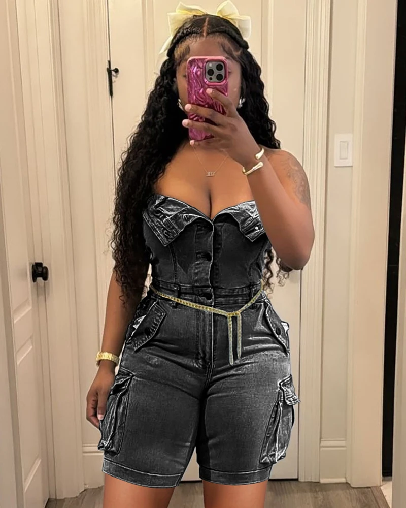 Sexy bretelles boutonné Denim barboteuse femmes salopette courte 2025 été rue décontracté sans manches Cargo Jean combinaison avec poches