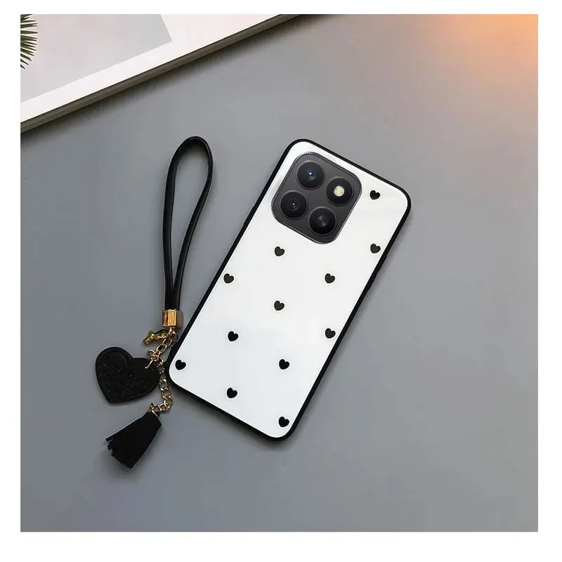 Small Love Heart Tempered Glass Shockproof Hard Cover with Tassel Lanyard