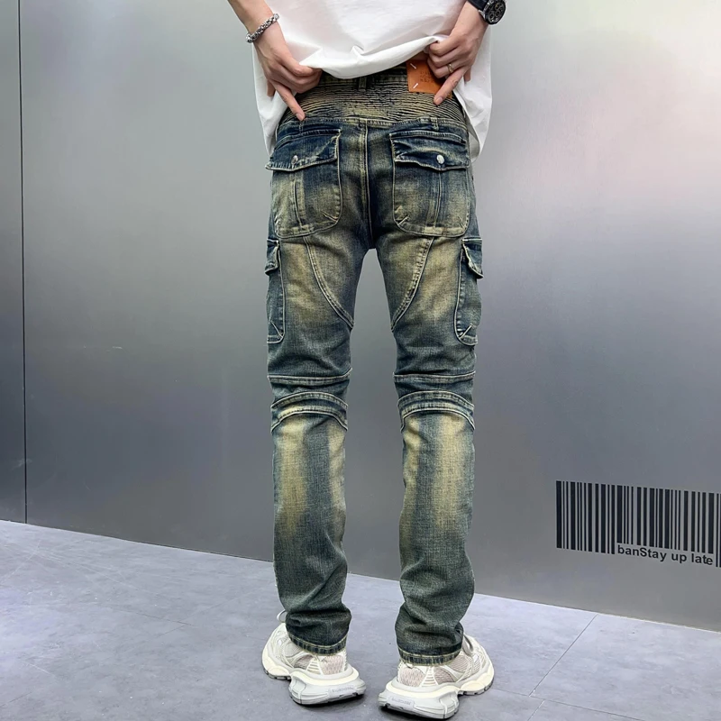Retro Biker's Jeans Men's Stitching Ruffle Design Street Vintage Fashion Trendy Slim Fit Stretch Skinny Trousers