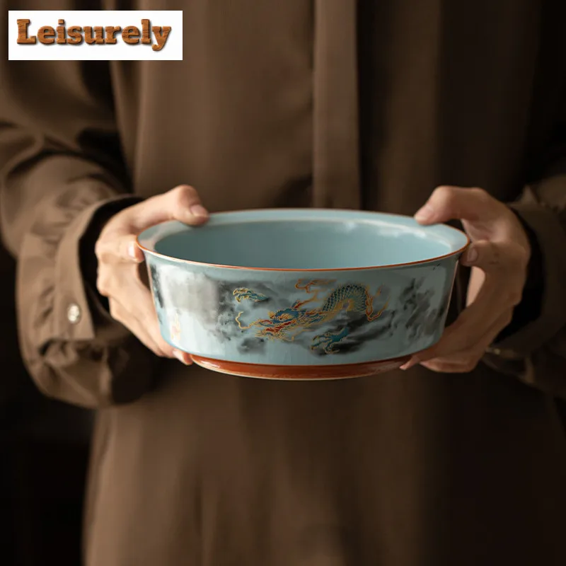 900ml Ru Kiln Auspicious Dragon Jianshui Tea Wash Bowl Tea Residue Bucket Household Chaxi Drinkware Accessories Decoration Craft