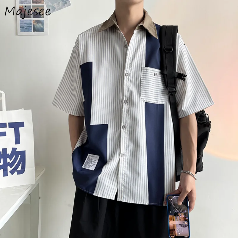 

Shirts Men Patch-design Striped Loose Handsome Tops Summer Fashion All-match Students Short Sleeve Casual Male Camisa Masculina