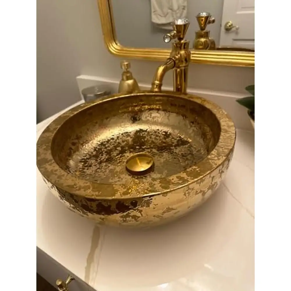 Luxury Gold Glazed Ceramic Vessel Sink Bowl Dia.16.4" Handmade Vintage Traditional Premium Quality Vanity Top Bathroom Restroom 5
