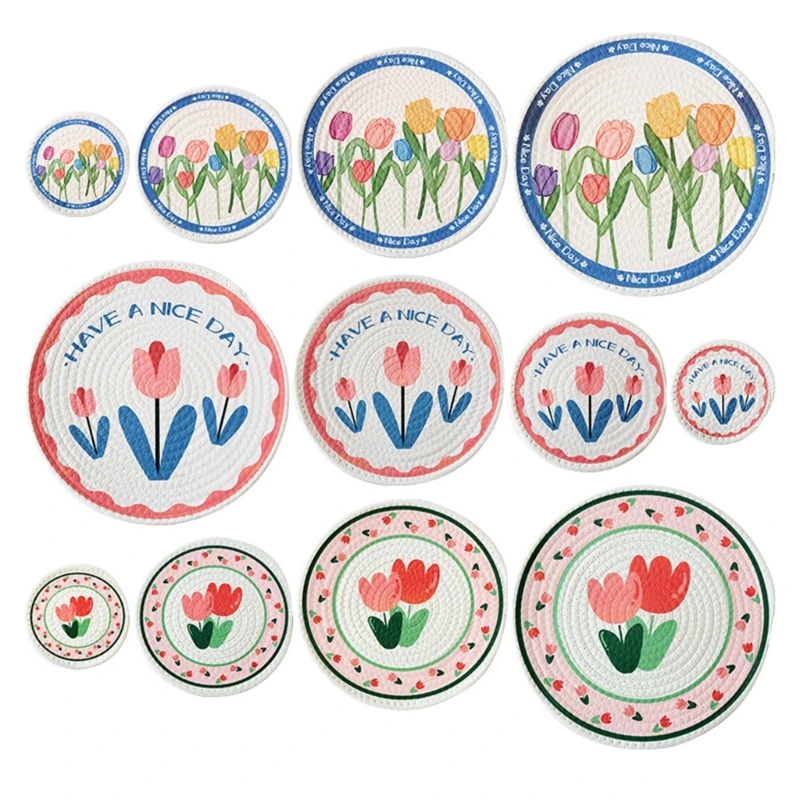 

Tulips Flower Cotton Rope Heat Insulation Pad Heat Resistants Table Mats Dropship